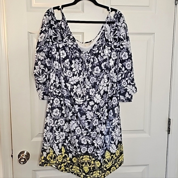Tacera 2X Boho Floral Border Tunic Dress Black White Yellow Flowy Shift - Picture 1 of 4